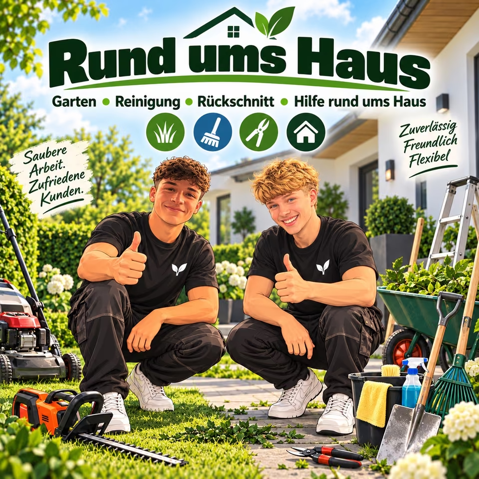 Rund ums Haus: Zwei Helfer mit Garten- und Reinigungsgeräten vor einem Haus. Garten, Reinigung, Rückschnitt und Hilfe rund ums Haus.